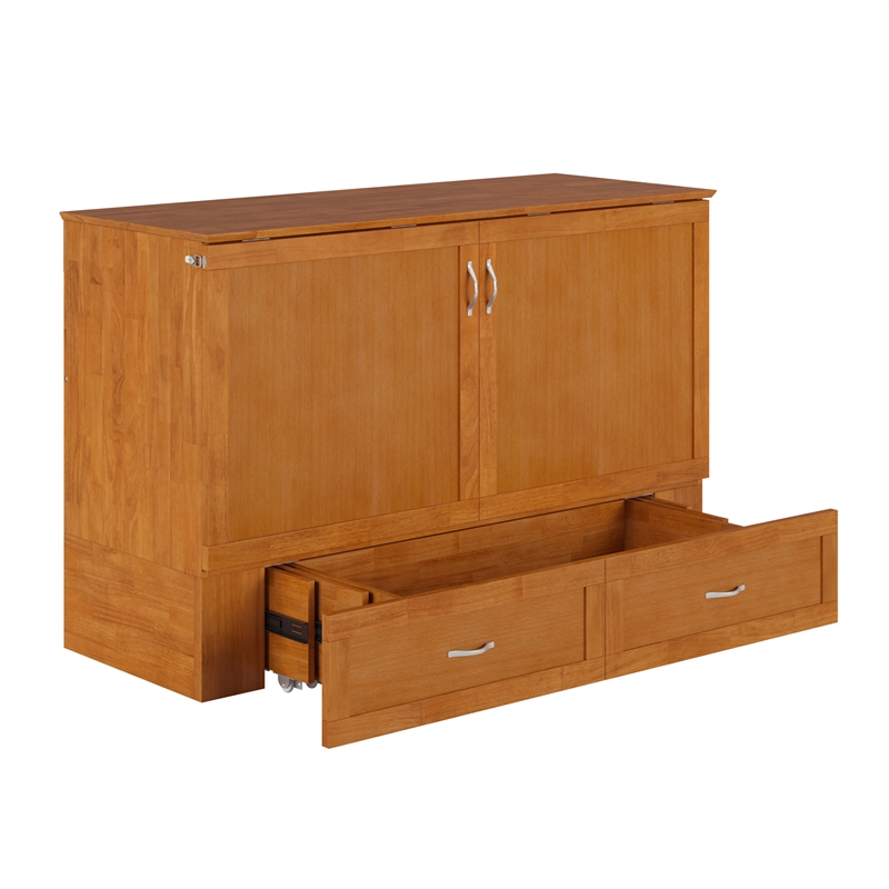 Hamilton Queen Wood Murphy Bed Chest with Mattress and Storage in Light Toffee