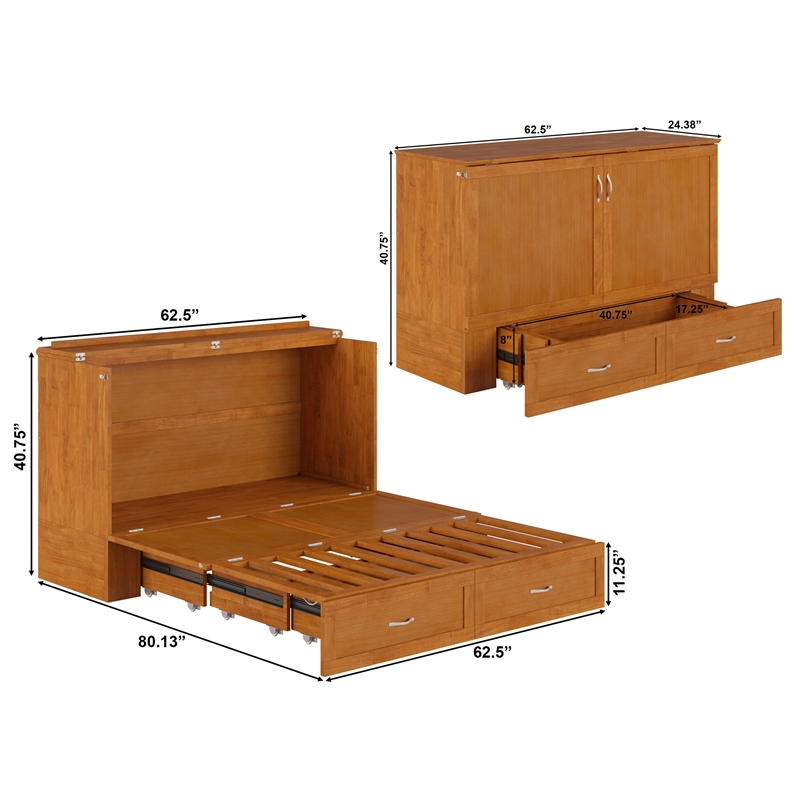 Hamilton Queen Wood Murphy Bed Chest with Mattress and Storage in Light Toffee