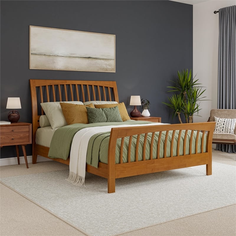 Orleans Queen Wood Low Profile Platform Bed w Matching Footboard in Light Toffee