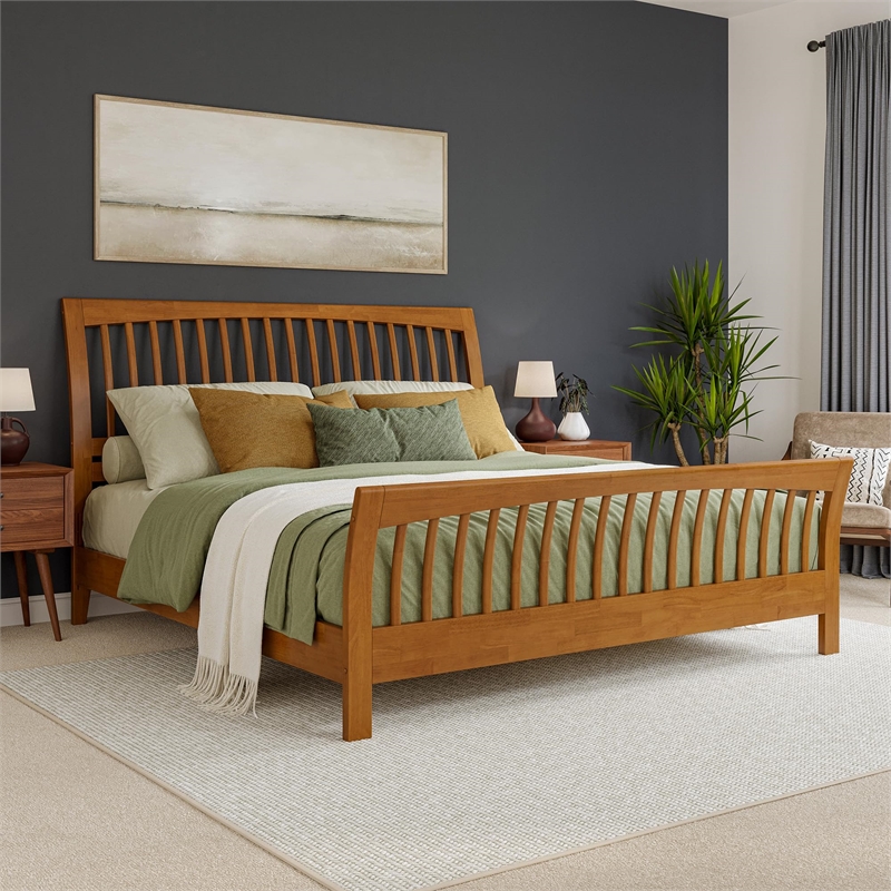 Orleans King Wood Low Profile Platform Bed w/ Matching Footboard in Light Toffee