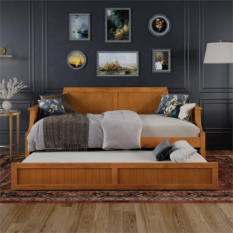 AFI Cambridge Mid-Century Solid Wood Daybed with Twin Trundle in Light Toffee