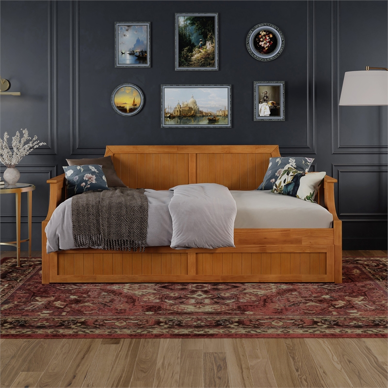 AFI Cambridge Mid-Century Solid Wood Daybed with Twin Trundle in Light Toffee
