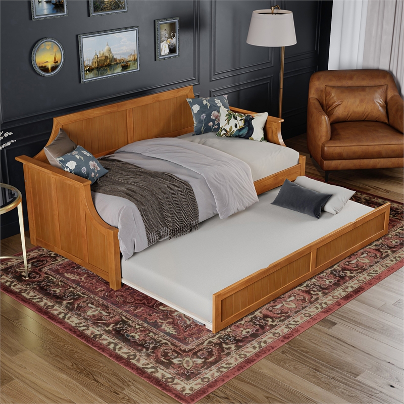 AFI Cambridge Mid-Century Solid Wood Daybed with Twin Trundle in Light Toffee