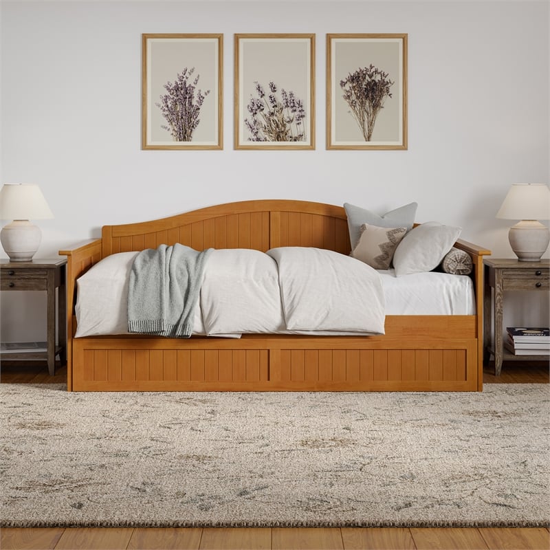 AFI Nantucket Mid-Century Solid Wood Twin Daybed with Trundle in Light Toffee
