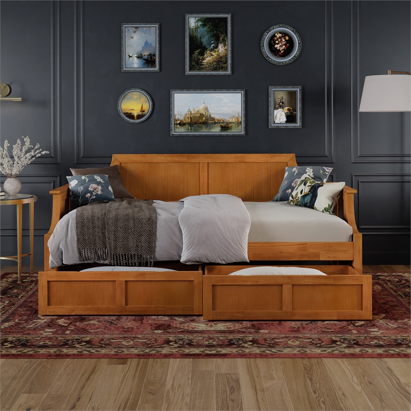 AFI Cambridge Mid-Century Wood Twin Daybed with Set of 2 Drawers in Light Toffee