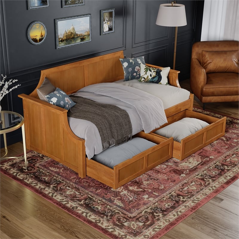 AFI Cambridge Mid-Century Wood Twin Daybed with Set of 2 Drawers in Light Toffee