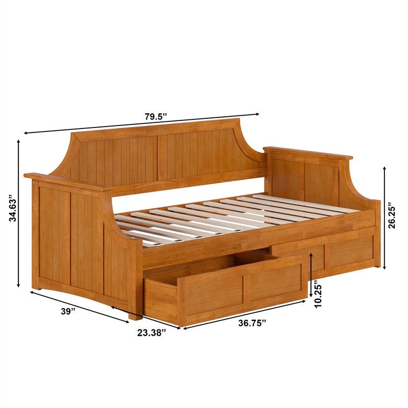 AFI Cambridge Mid-Century Wood Twin Daybed with Set of 2 Drawers in Light Toffee