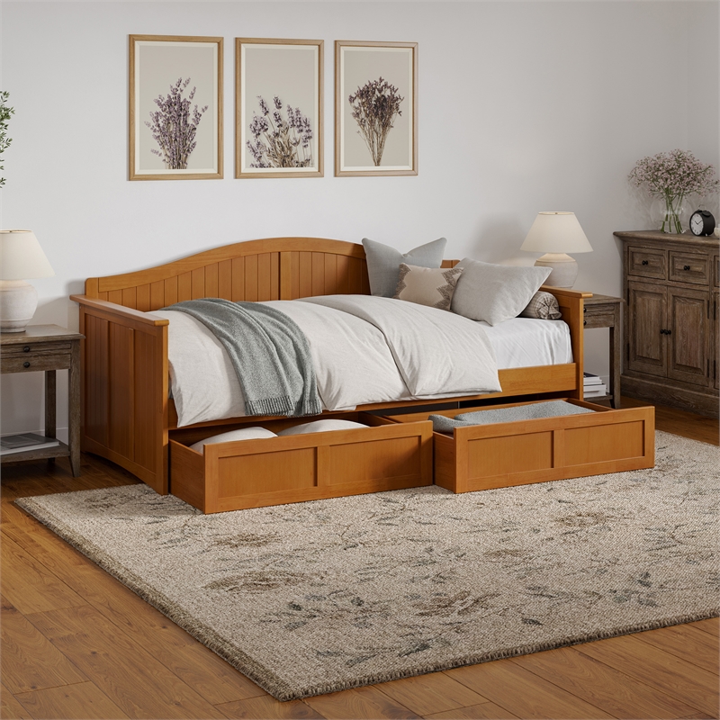 AFI Nantucket Mid-Century Wood Twin Daybed with Set of 2 Drawers in Light Toffee