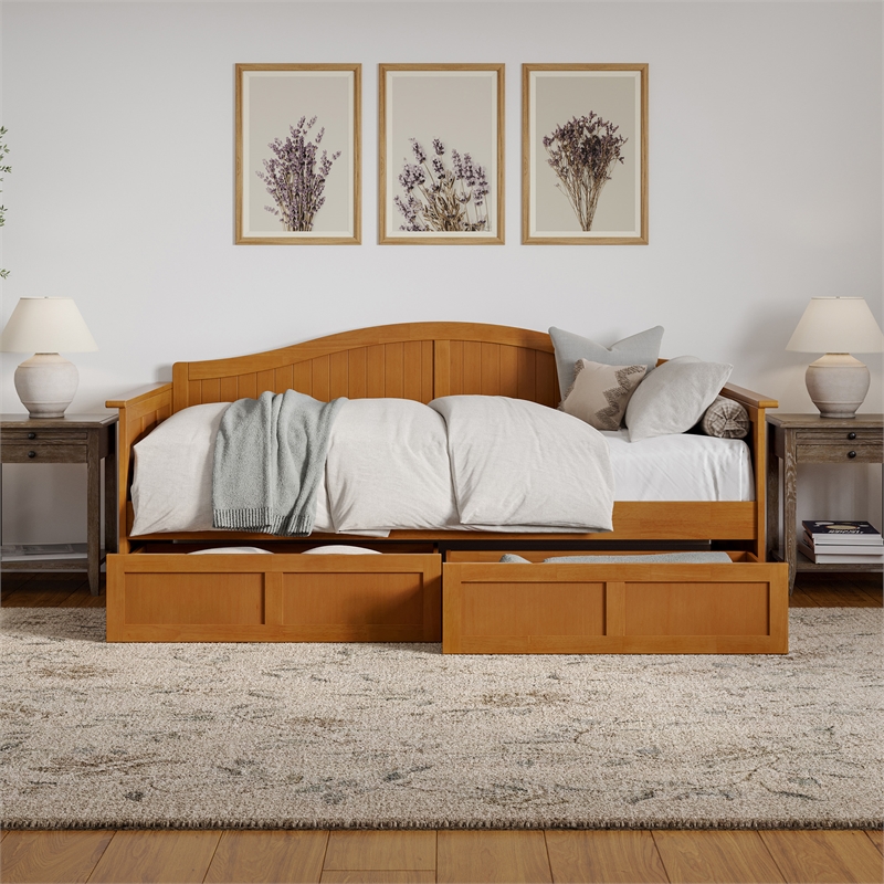 AFI Nantucket Mid-Century Wood Twin Daybed with Set of 2 Drawers in Light Toffee