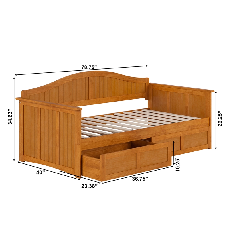 AFI Nantucket Mid-Century Wood Twin Daybed with Set of 2 Drawers in Light Toffee