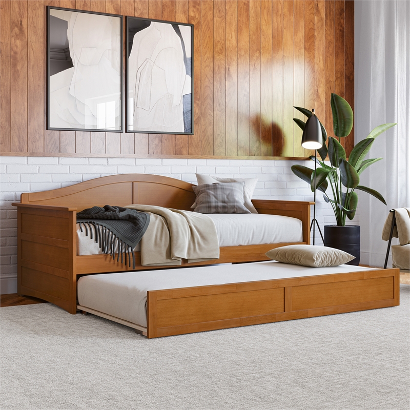 AFI Acadia Mid-Century Solid Wood Daybed with Twin Trundle in Light Toffee