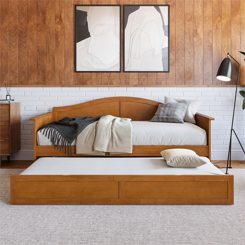 AFI Acadia Mid-Century Solid Wood Daybed with Twin Trundle in Light Toffee