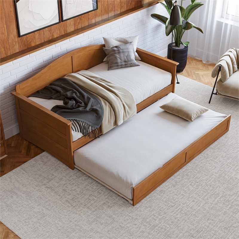 AFI Acadia Mid-Century Solid Wood Daybed with Twin Trundle in Light Toffee