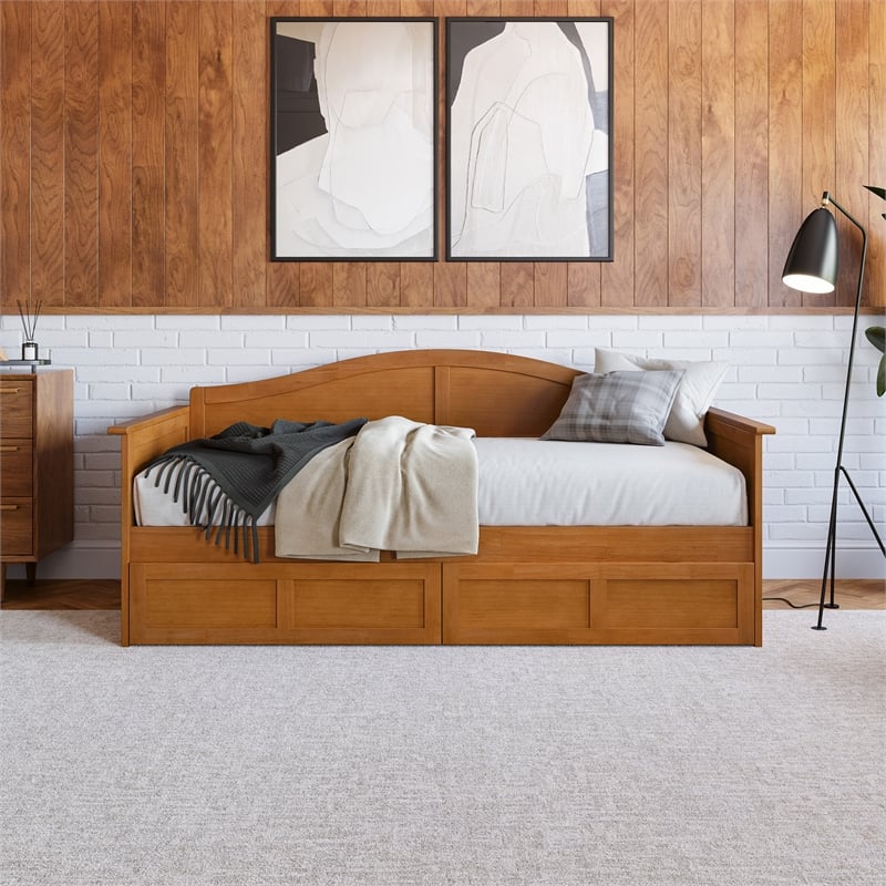 AFI Acadia Mid-Century Wood Twin Daybed with Set of 2 Drawers in Light Toffee