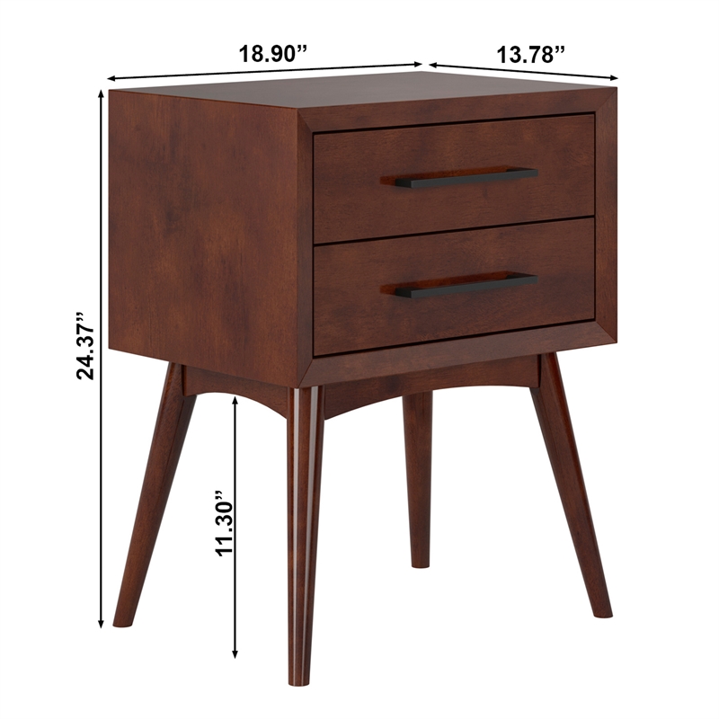 AFI Pasadena Solid Hardwood 2 Drawer Nightstand in Walnut Brown