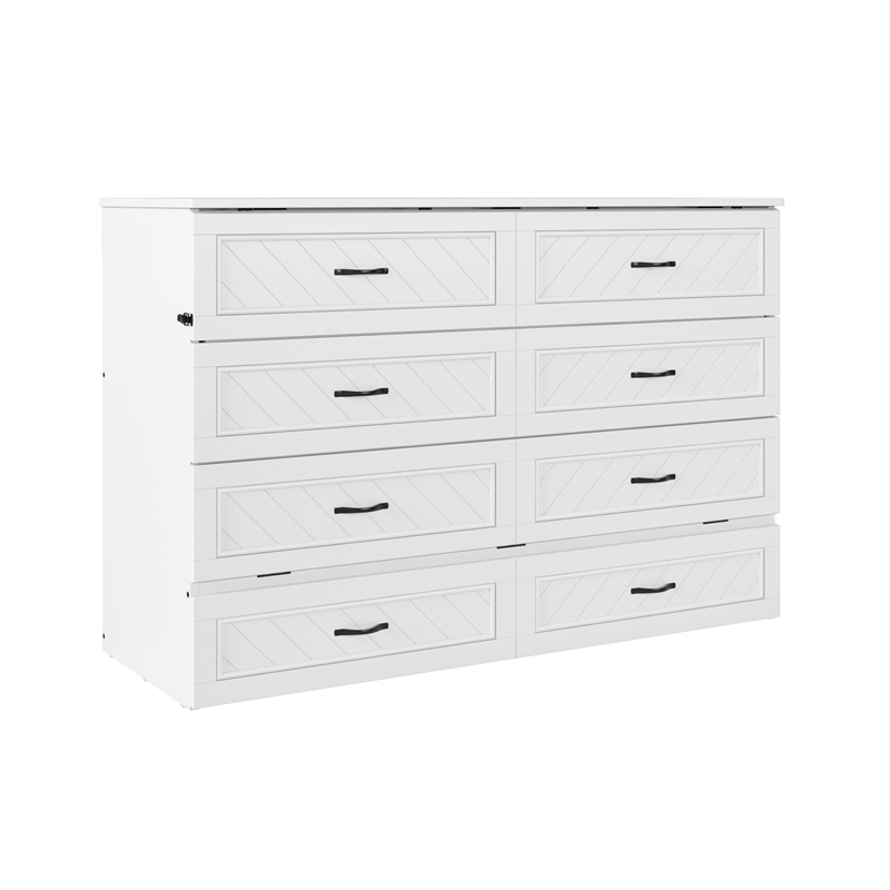 Alpine Queen Wood Murphy Bed Chest with Mattress & Built-in Charger in White