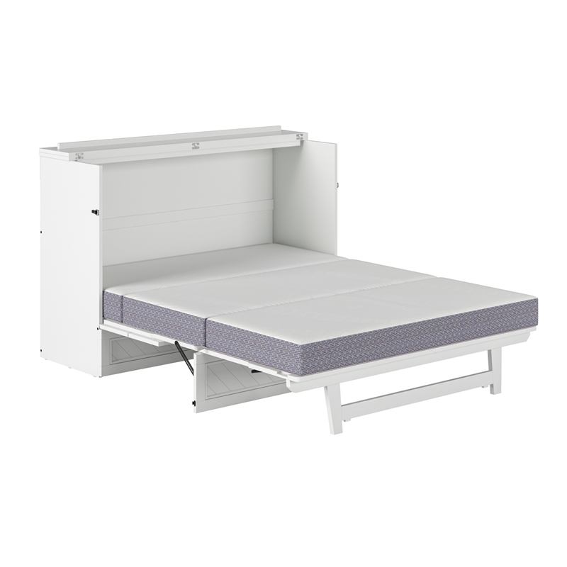 Alpine Queen Wood Murphy Bed Chest with Mattress & Built-in Charger in White
