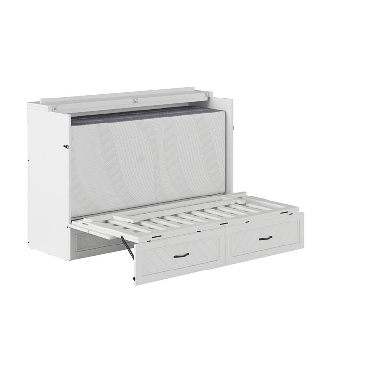 Alpine Queen Wood Murphy Bed Chest with Mattress & Built-in Charger in White