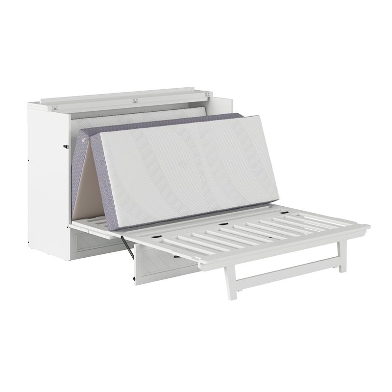 Alpine Queen Wood Murphy Bed Chest with Mattress & Built-in Charger in White