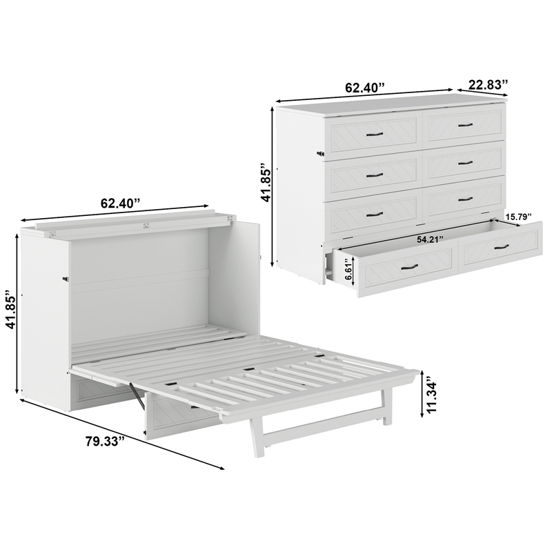 Alpine Queen Wood Murphy Bed Chest with Mattress & Built-in Charger in White