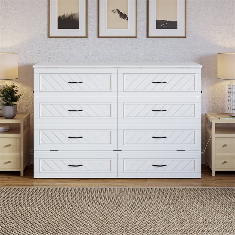Alpine Queen Wood Murphy Bed Chest with Mattress & Built-in Charger in White