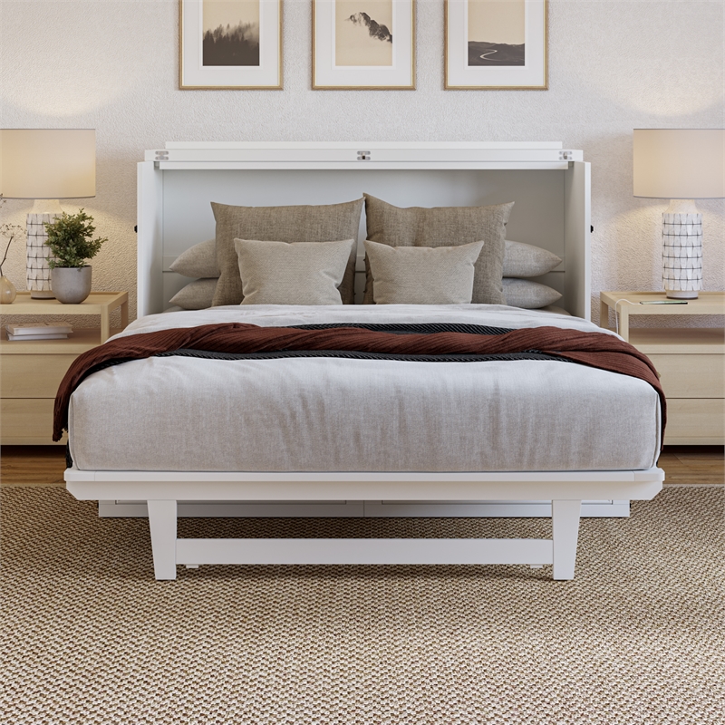 Alpine Queen Wood Murphy Bed Chest with Mattress & Built-in Charger in White