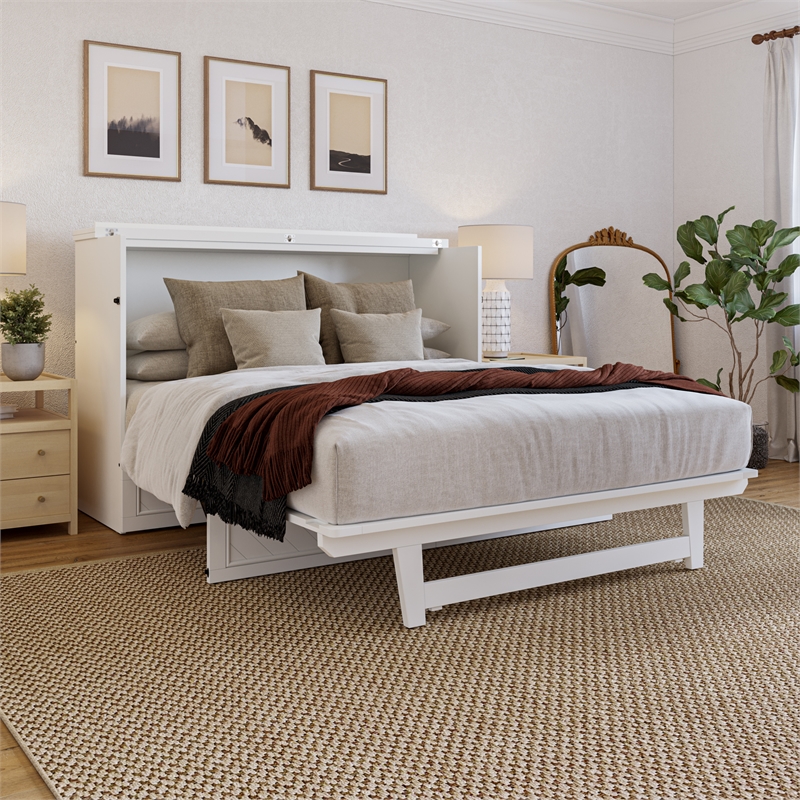 Alpine Queen Wood Murphy Bed Chest with Mattress & Built-in Charger in White