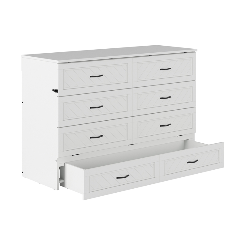 Alpine Queen Wood Murphy Bed Chest with Mattress & Built-in Charger in White