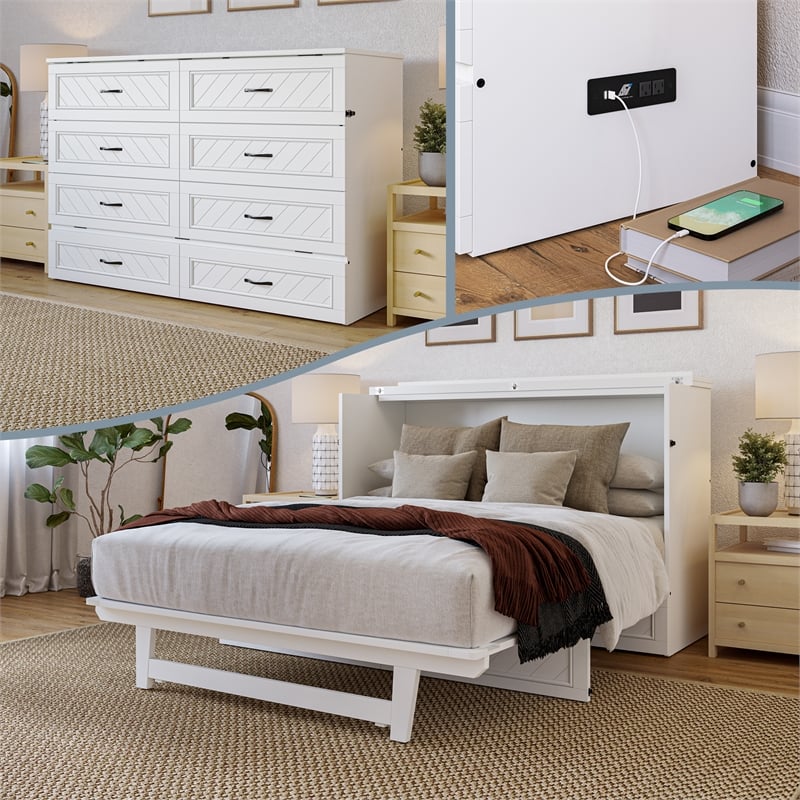 Alpine Queen Wood Murphy Bed Chest with Mattress & Built-in Charger in White