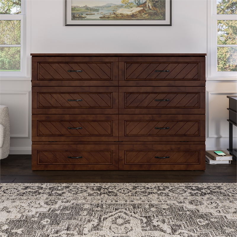 Alpine Queen Wood Murphy Bed Chest with Mattress & Built-in Charger in Walnut