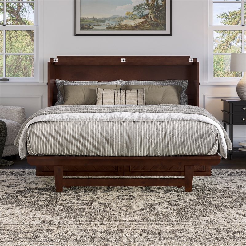 Alpine Queen Wood Murphy Bed Chest with Mattress & Built-in Charger in Walnut