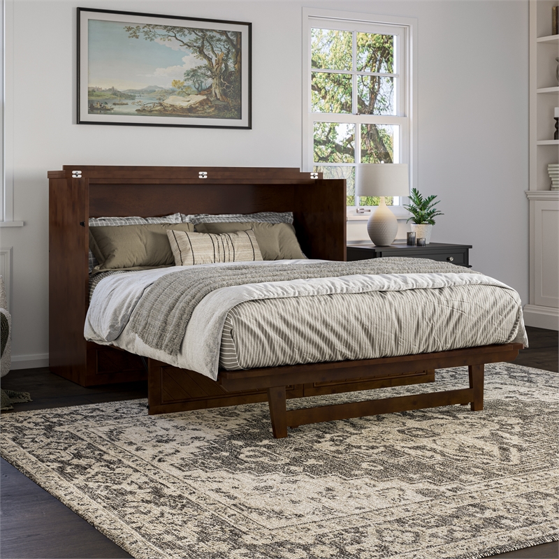 Alpine Queen Wood Murphy Bed Chest with Mattress & Built-in Charger in Walnut