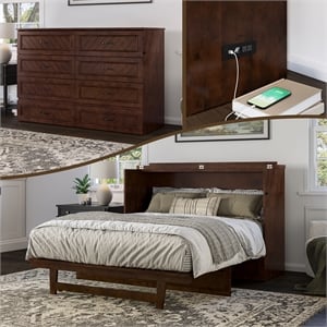 Alpine Queen Wood Murphy Bed Chest with Mattress & Built-in Charger in Walnut