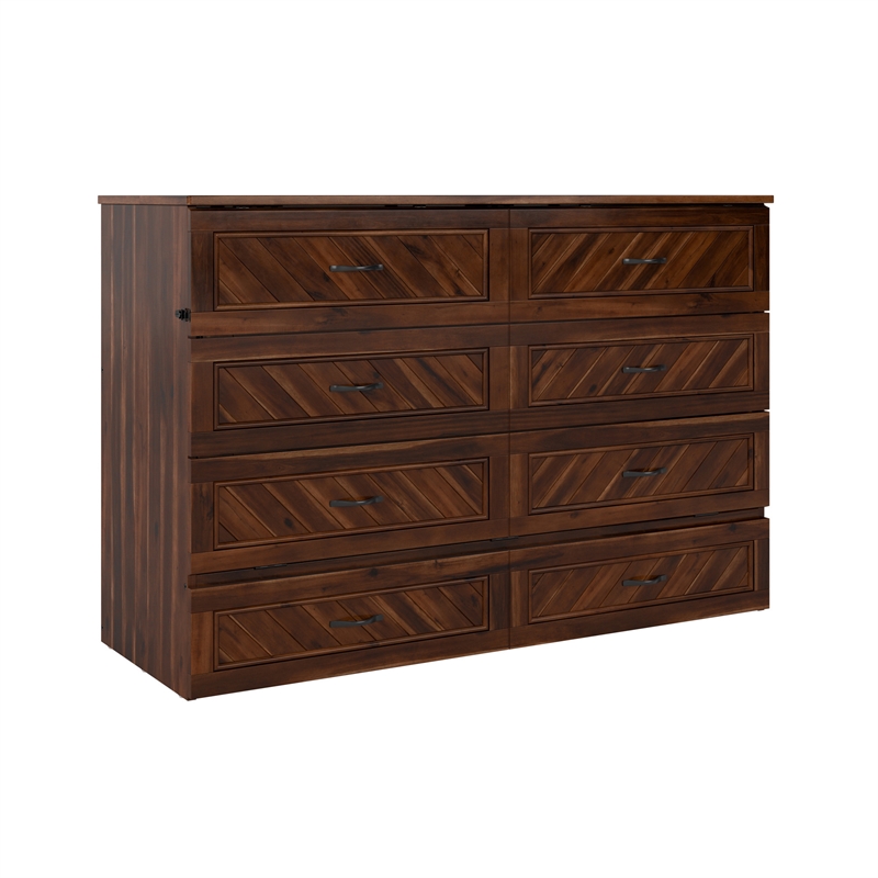 Alpine Queen Wood Murphy Bed Chest with Mattress & Built-in Charger in Barnwood