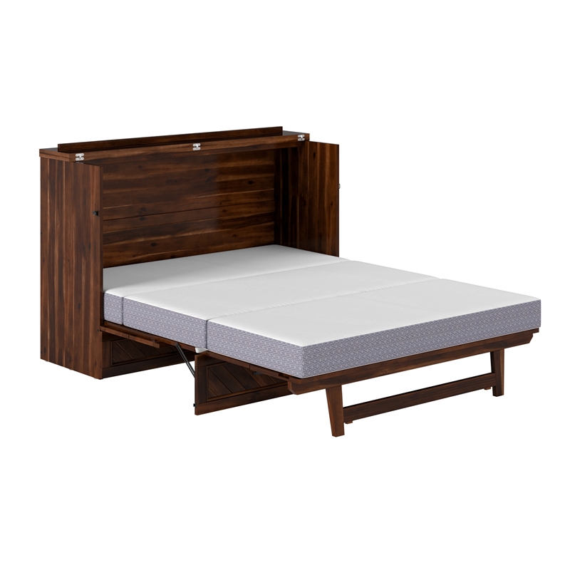 Alpine Queen Wood Murphy Bed Chest with Mattress & Built-in Charger in Barnwood