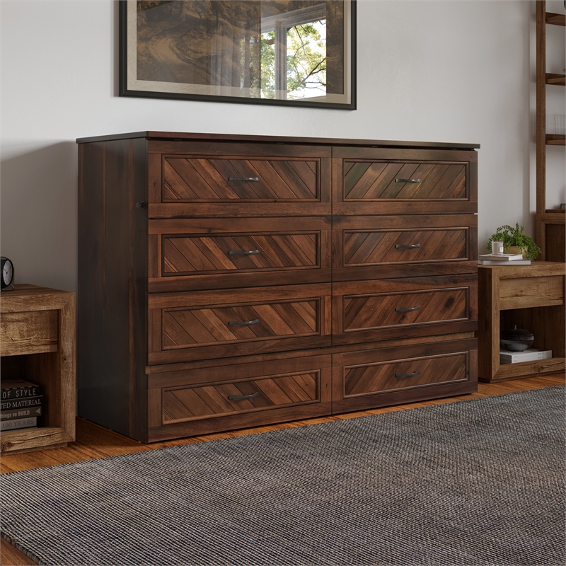 Alpine Queen Wood Murphy Bed Chest with Mattress & Built-in Charger in Barnwood