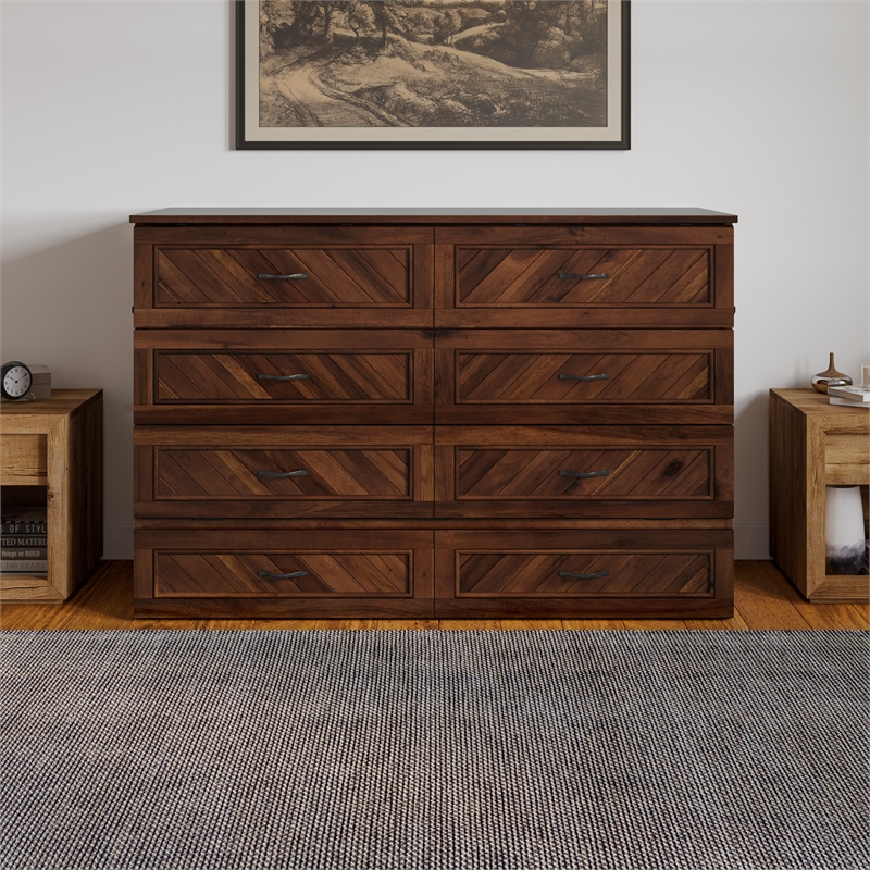 Alpine Queen Wood Murphy Bed Chest with Mattress & Built-in Charger in Barnwood