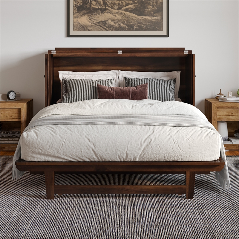 Alpine Queen Wood Murphy Bed Chest with Mattress & Built-in Charger in Barnwood