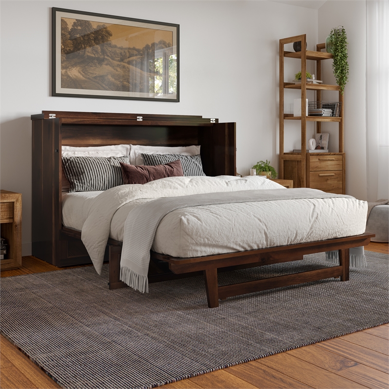 Alpine Queen Wood Murphy Bed Chest with Mattress & Built-in Charger in Barnwood