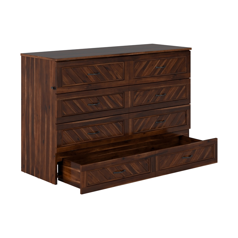 Alpine Queen Wood Murphy Bed Chest with Mattress & Built-in Charger in Barnwood