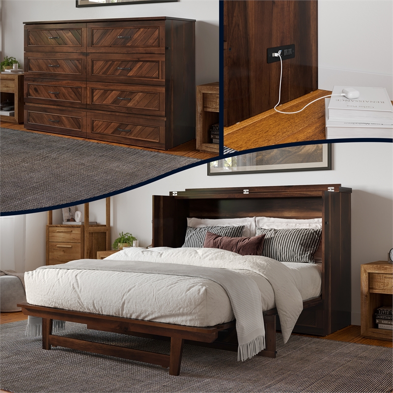 Alpine Queen Wood Murphy Bed Chest with Mattress & Built-in Charger in Barnwood