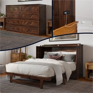 Alpine Queen Wood Murphy Bed Chest with Mattress & Built-in Charger in Barnwood
