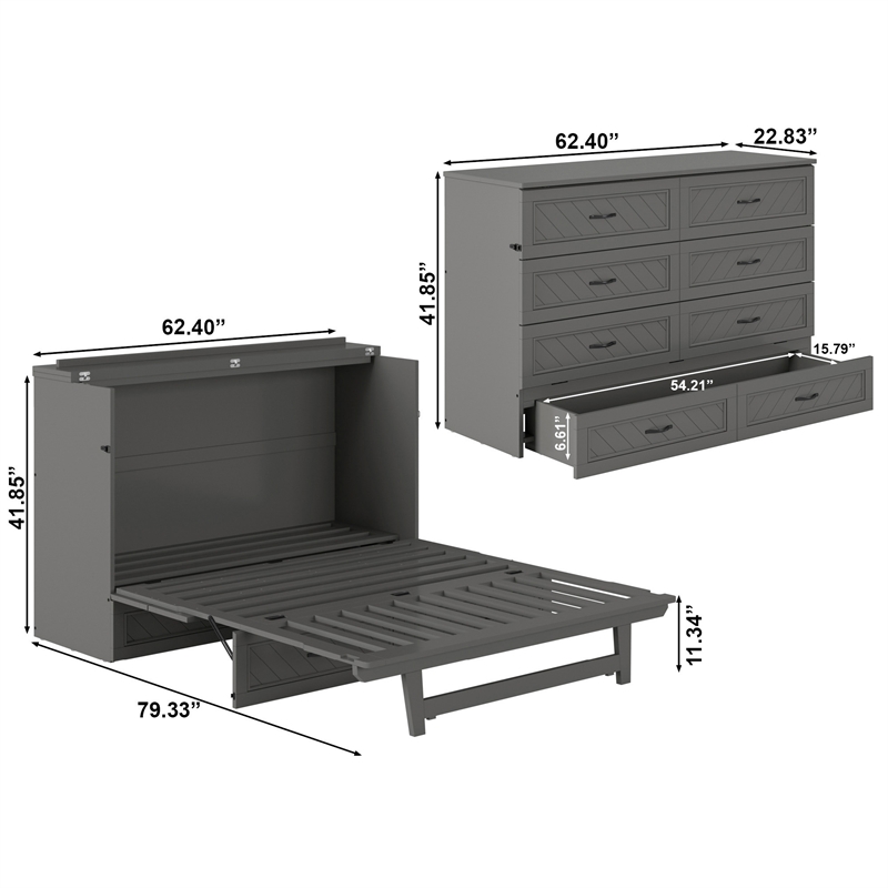 Alpine Queen Wood Murphy Bed Chest with Mattress & Built-in Charger in Gray