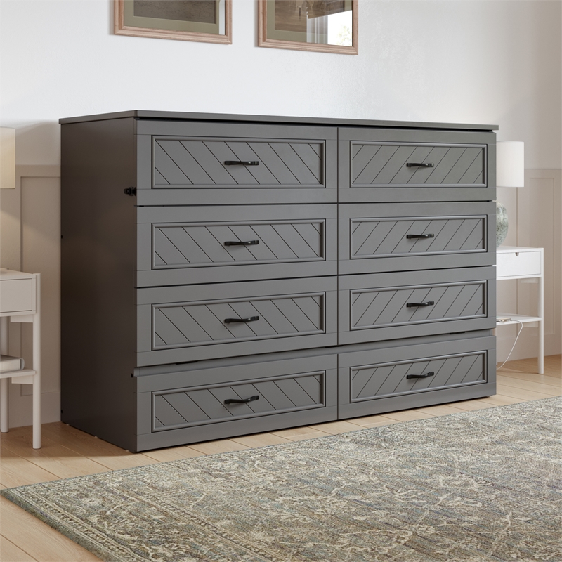 Alpine Queen Wood Murphy Bed Chest with Mattress & Built-in Charger in Gray