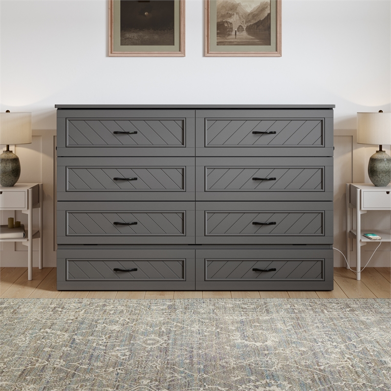 Alpine Queen Wood Murphy Bed Chest with Mattress & Built-in Charger in Gray