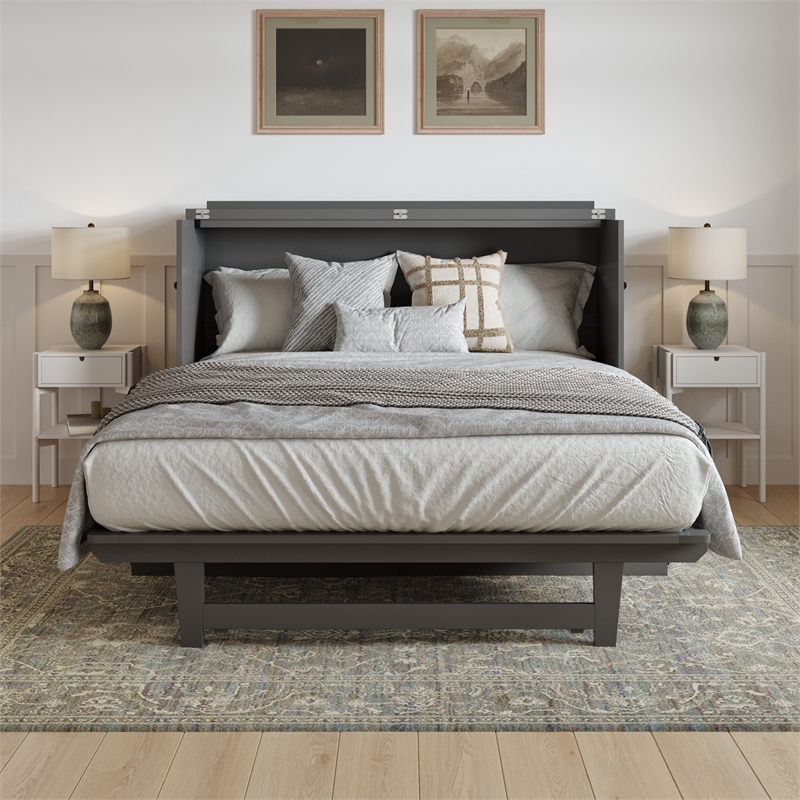 Alpine Queen Wood Murphy Bed Chest with Mattress & Built-in Charger in Gray