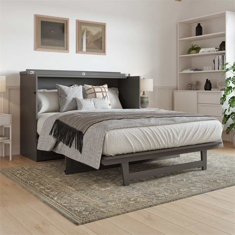 Alpine Queen Wood Murphy Bed Chest with Mattress & Built-in Charger in Gray