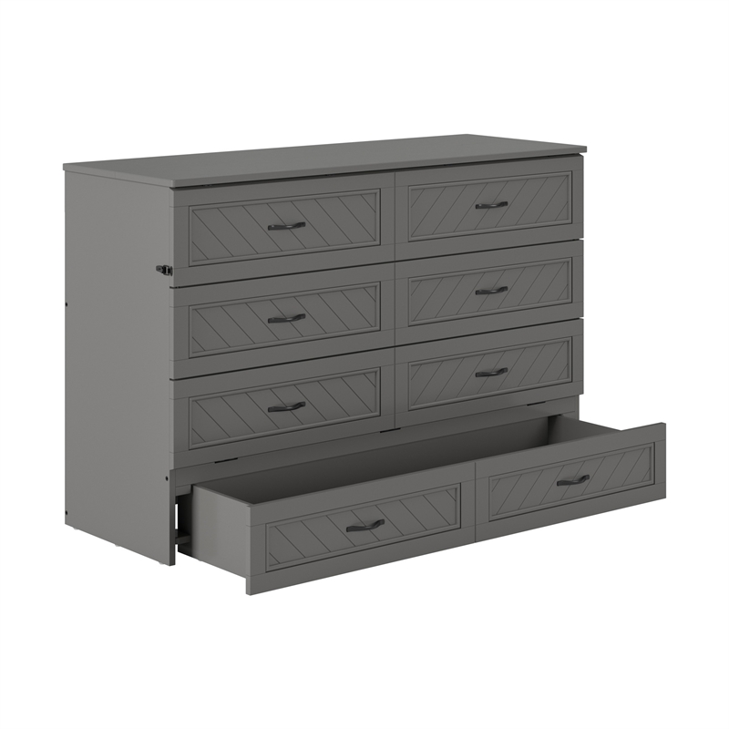 Alpine Queen Wood Murphy Bed Chest with Mattress & Built-in Charger in Gray