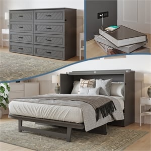 Alpine Queen Wood Murphy Bed Chest with Mattress & Built-in Charger in Gray