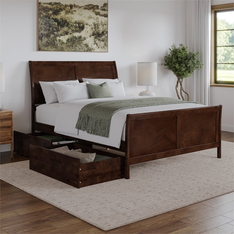 Portland Queen Storage Wood Platform Bed with Matching Footboard in Walnut